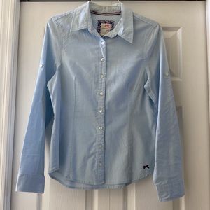 Tommy Girl Women’s Elbow Patch Button down Blue Shirt, Roll-up Sleeve size L